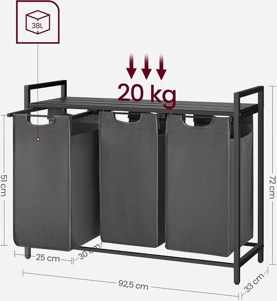VASAGLE Wäschekorb 3 Fächer, Wäschesammler mit Ablage, Wäschebox, herausnehmbarer Wäschesack aus Oxford-Gewebe, Metallrahmen, 3 x 38 L, 92,5 x...