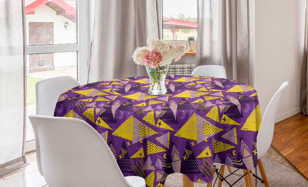 ABAKUHAUS Geometrisch Runde Tischdecke, lustige Memphis, Kreis Tischdecke Abdeckung für Esszimmer Küche Dekoration, 150 cm, gelb Lila