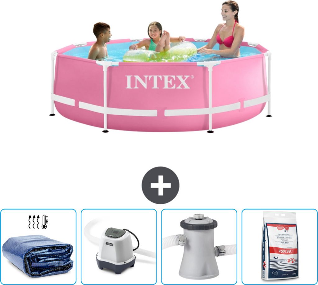 Intex-Schwimmbecken mit rundem Rahmen – 244 x 76 cm – Rosa – im Lieferumfang enthalten Sonnensegel - Salzwassersystem - Filterpumpe für Schw...