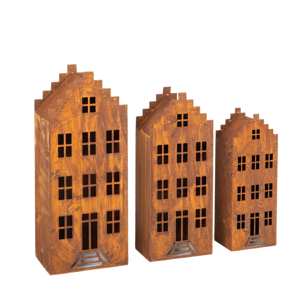 Lanterne LED en Acier Corten au Design Maison Rustique - Jeu de 3 Unités