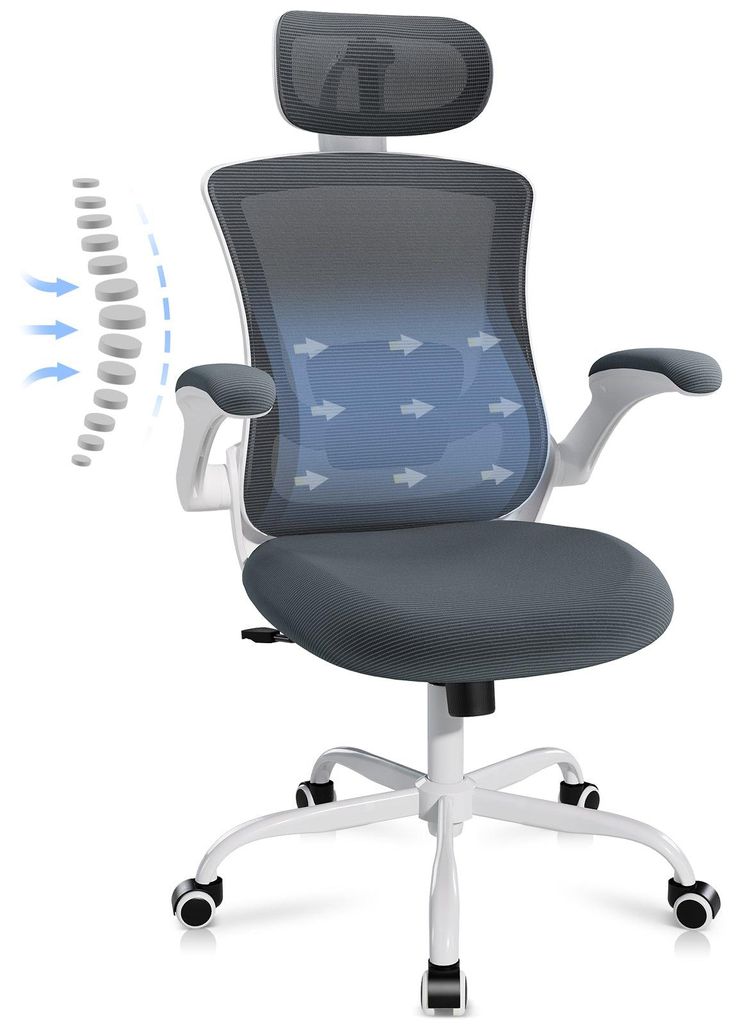 COLAMY Bürostuhl – Ergonomischer Bürostuhl mit Kopfstütze, Lendenwirbelstütze, klappbaren Armlehnen und 140° Wippfunktion, grau