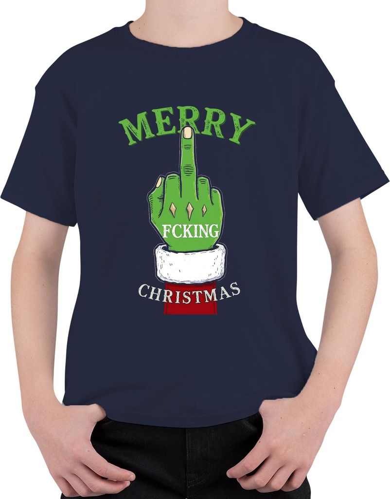 Merry Fcking Christmas Grinch Mittelfinger frech lustig böse Uni Kinder T-Shirt, Navy, 128