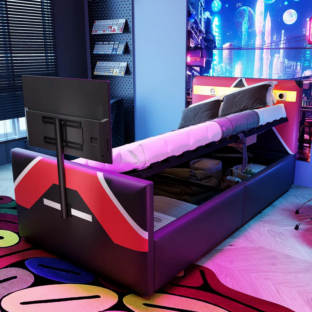 Lit coffre e-sport 90x200 cm rouge avec support TV pour chambre enfant