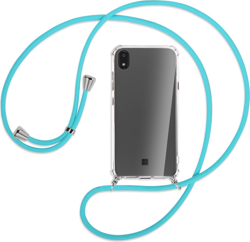 Handykette Backcover-Schutzhülle mit Band (Metall silberfarben) für LG K20 / K20 2019 - türkis