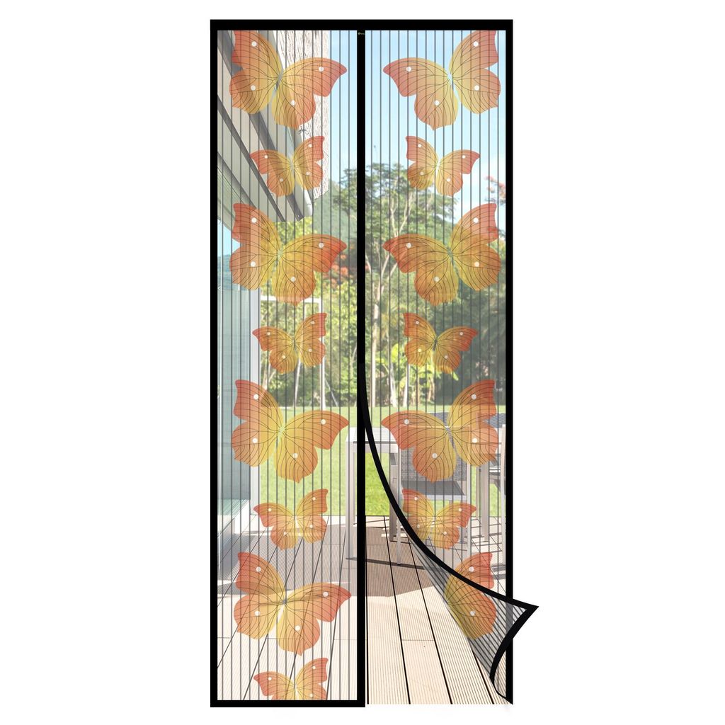 Fliegengitter für Balkontür mit Schmetterlingsmotiv – Magnetisch, Ohne Bohren, Insektenschutz für Balkon, Terrassentür Schwarz 110 x 210 cm