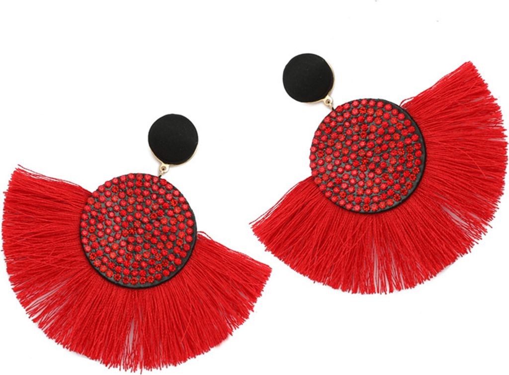 Böhmen Frauen Fan Form Quaste Strass Intarsien Ohrstecker Ohrringe Schmuck Geschenk-Rot
