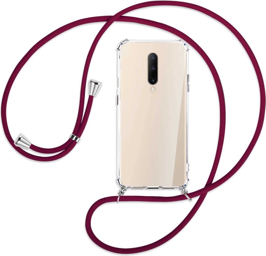 Handykette Backcover-Schutzhülle mit Band (Metall silberfarben) für OnePlus 7 Pro - dunkelrot