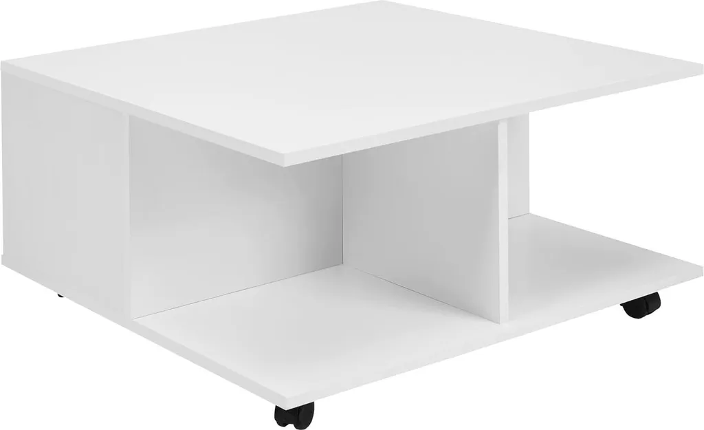 Table Basse à Roulettes Blanche 70 cm avec Double Tiroir et Compartiments