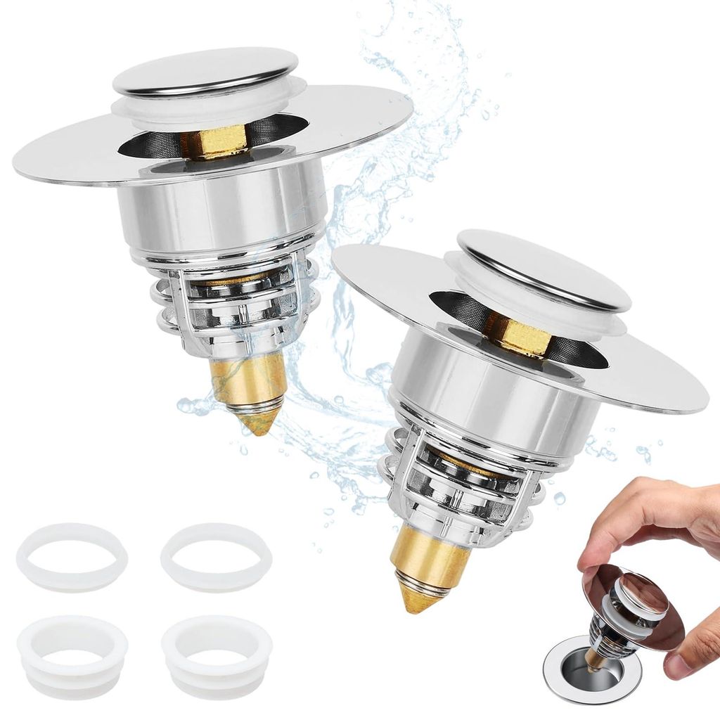 Set mit 2 Pop-up-Spülbeckenstöpseln, universell 32–40 mm, wasserdicht mit hochwertigem Messingkern für sofortigen Verschluss, optimalen Durchf...