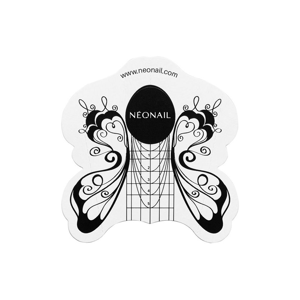 A white nail stencil with black decorative elements and measurement guides.