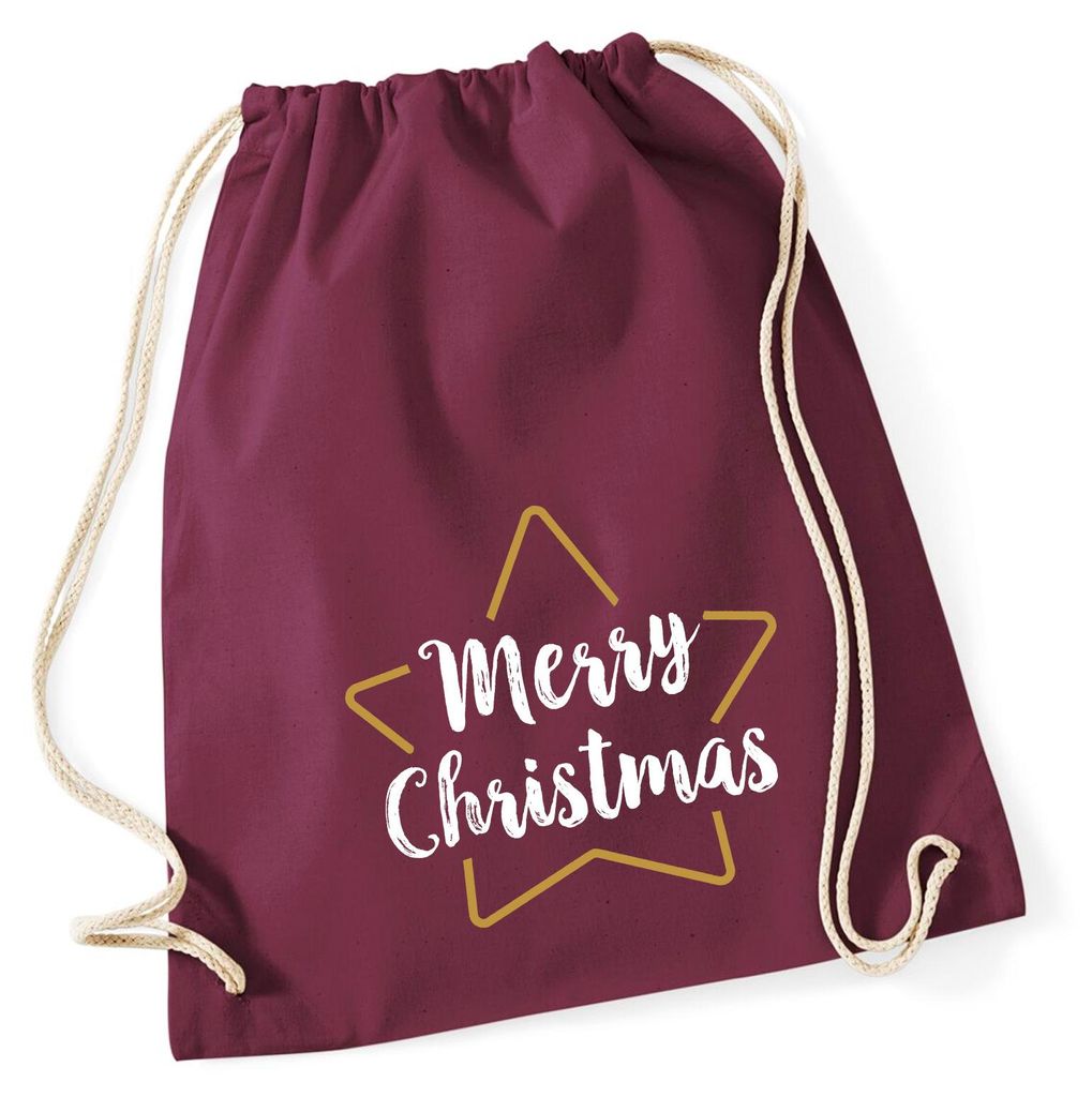 Huuraa Turnbeutel Weihnachtsstern Merry Christmas 12 Liter Burgundy Baumwolle Rucksack Geschenkidee
