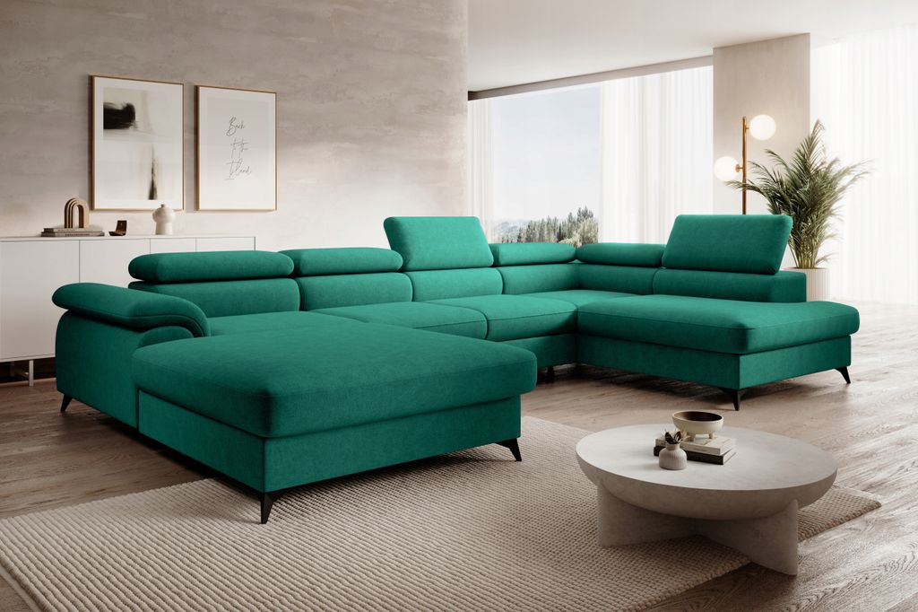 Ecksofa PLAZA U mit einstellbare Kopfstützen, Eckcouch in U-Form mit Schlaffunktion und Bettkasten. Soffa, Bettsofa, Couchgarnitur - Whisper 20 Grün