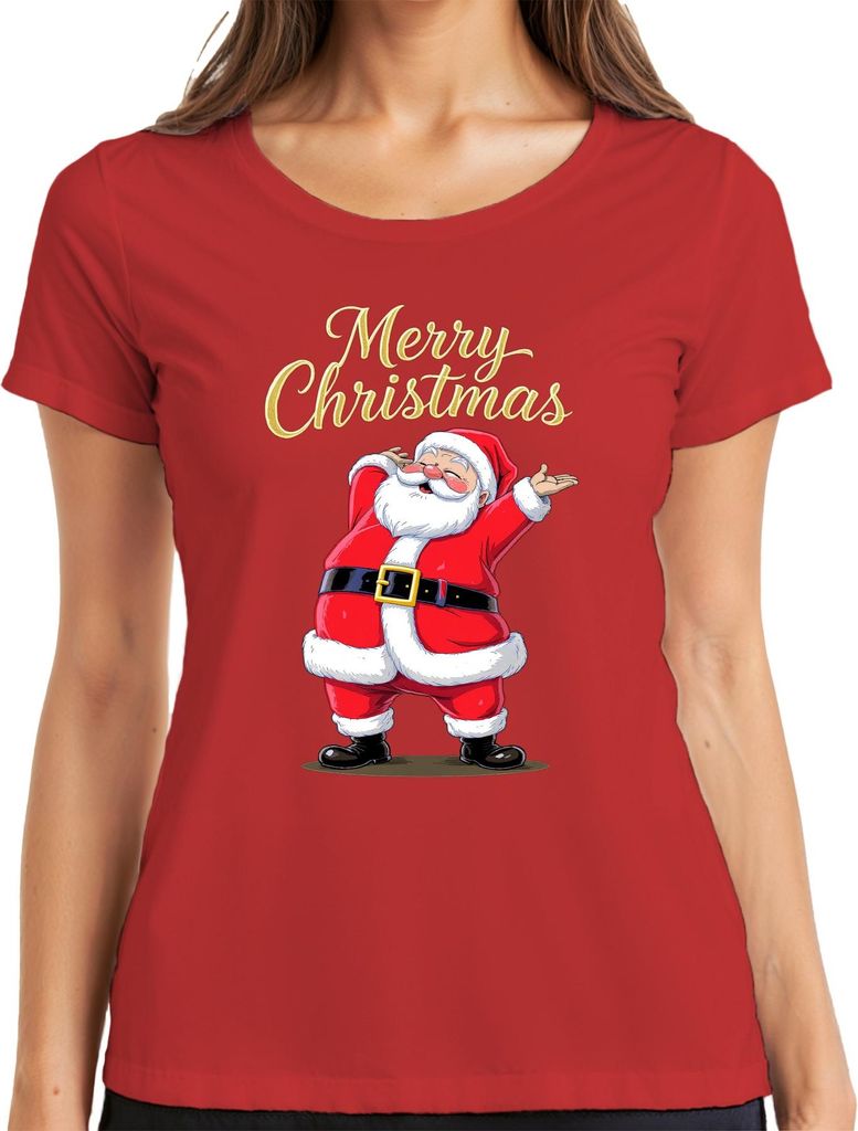 Merry Christmas Weihnachtsmann Santa Claus Lustig Geschenk Kinder Damen T-Shirt, Rot, L