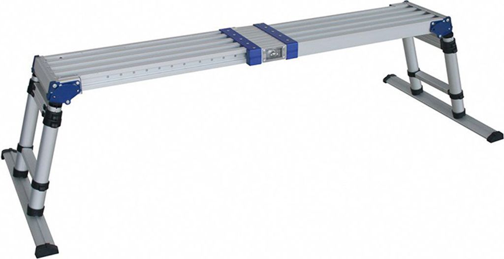 A silver and blue adjustable telescopic platform on a white background.