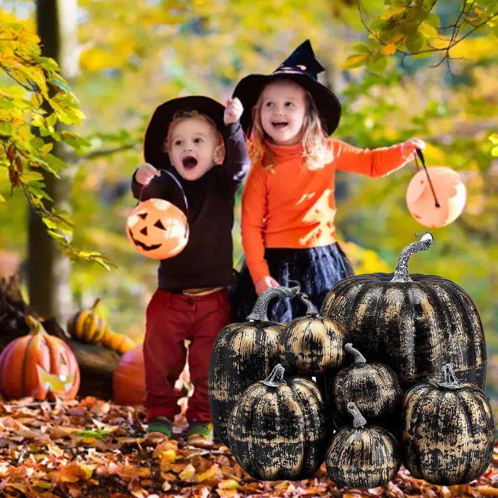 7 pezzi decorazione zucca, lucida e leggera, schiuma, riutilizzabile, per decorazione tavola autunno, foto, nero-oro - 4