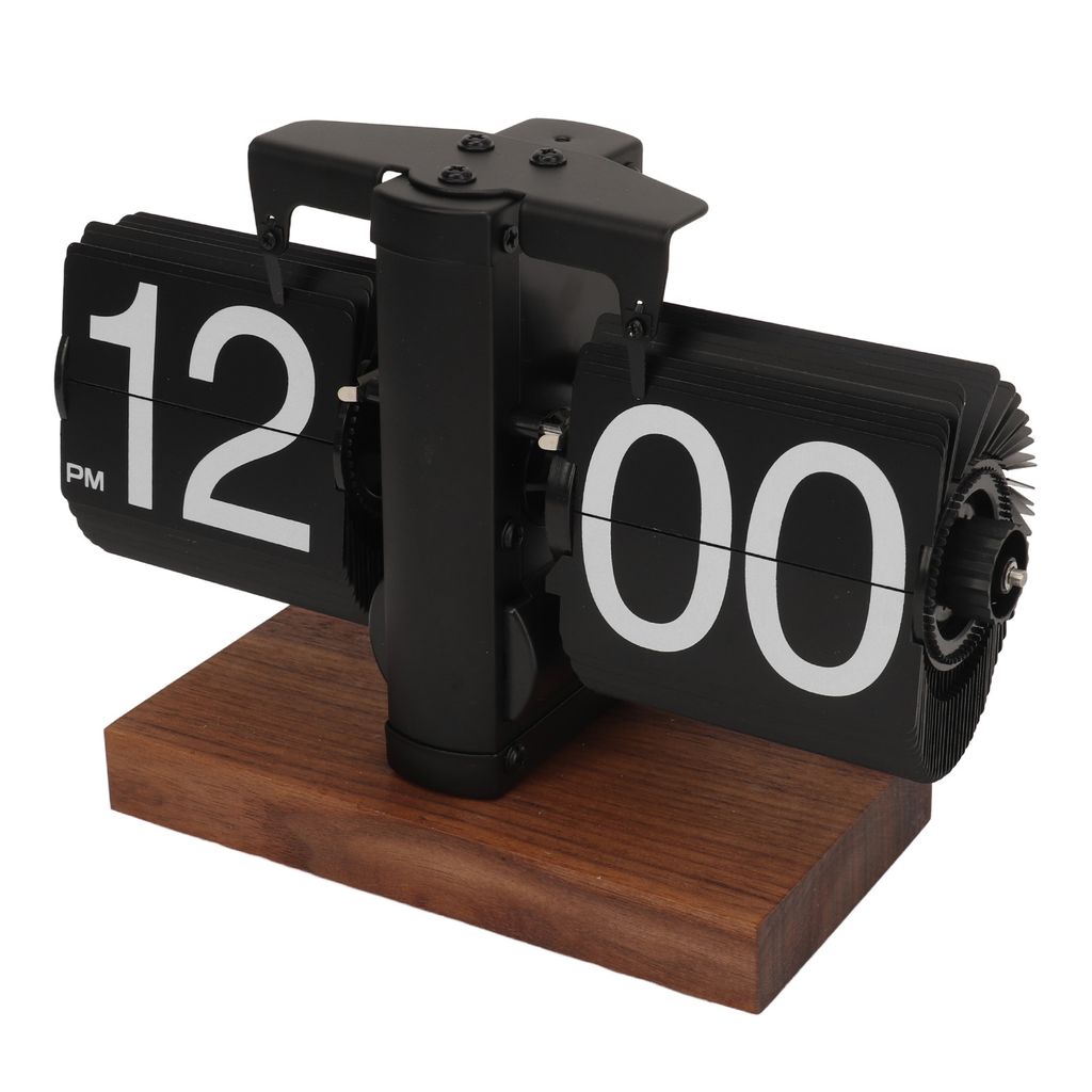 A black flip clock with white numbers sits on a wooden base against a white background.