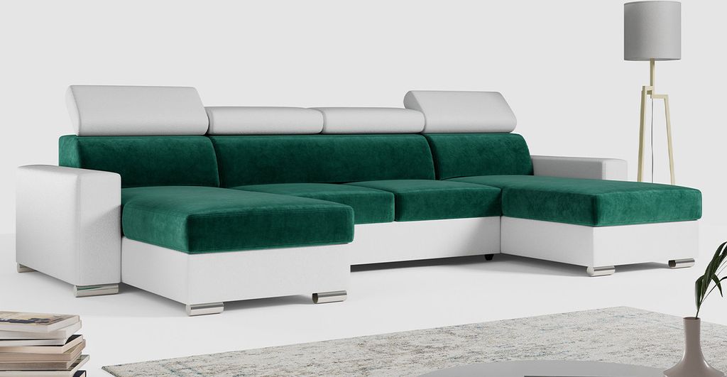 MKS MEBLE Ecksofa mit Schlaffunktion und Bettkasten, Wohnlandschaft U-form, Sofa mit Schlaffunktion - FOX-U - Dunkelgrün/Weiß