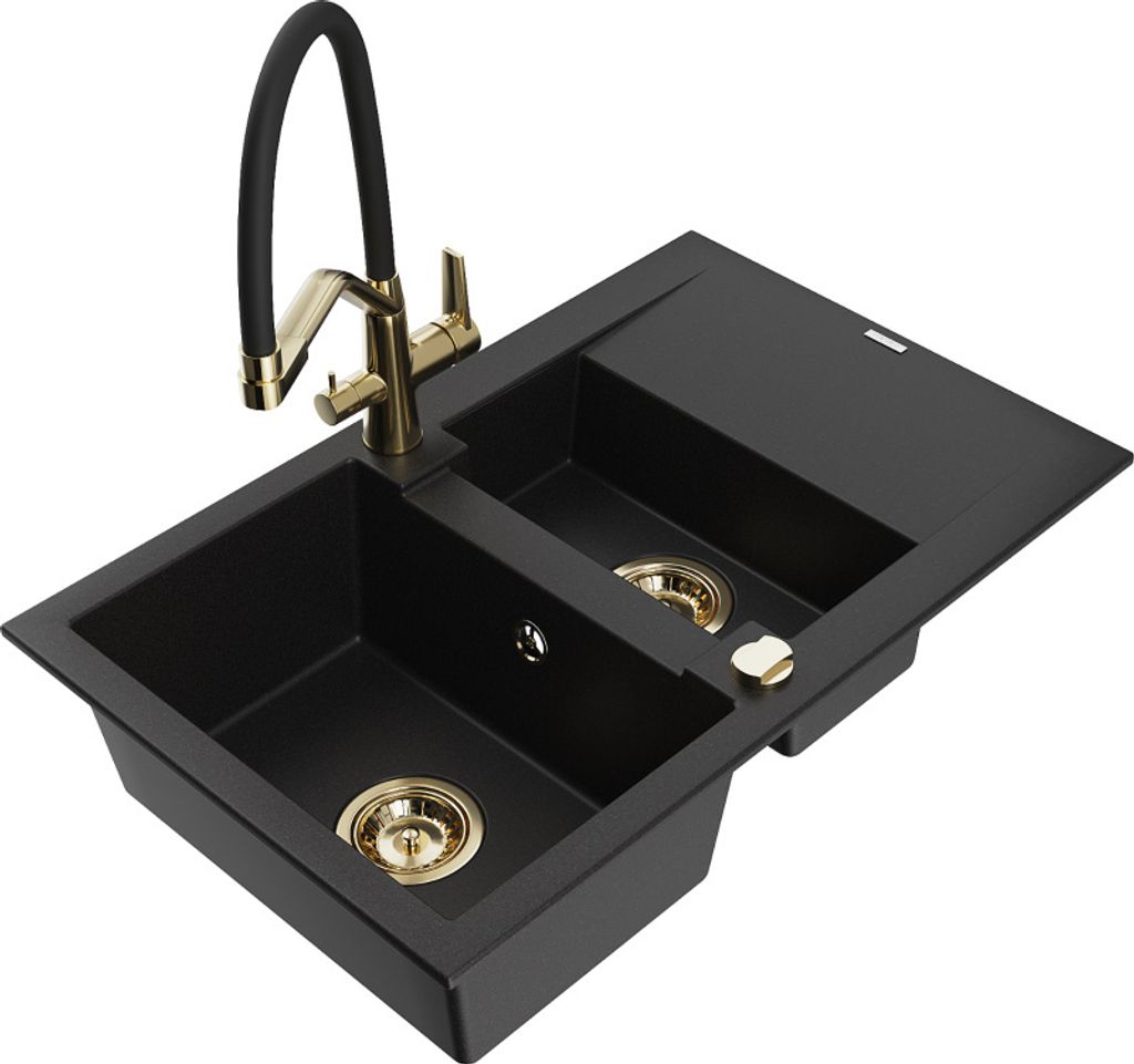 Mexen Gaspar 1,5-Becken-Granitspüle mit Abtropffläche und Mischbatterie Duo, Schwarz - 6507-77-671701-57-G