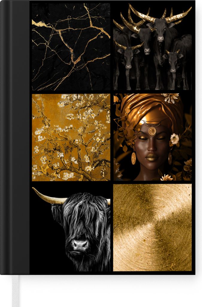 MuchoWow Notizbuch Tagebuch Haushaltsbuch Notebook A5 Collage - Gold - Tiere - Frau - Notizblock - Notizheft - Notebook - Schreibblock - Papier