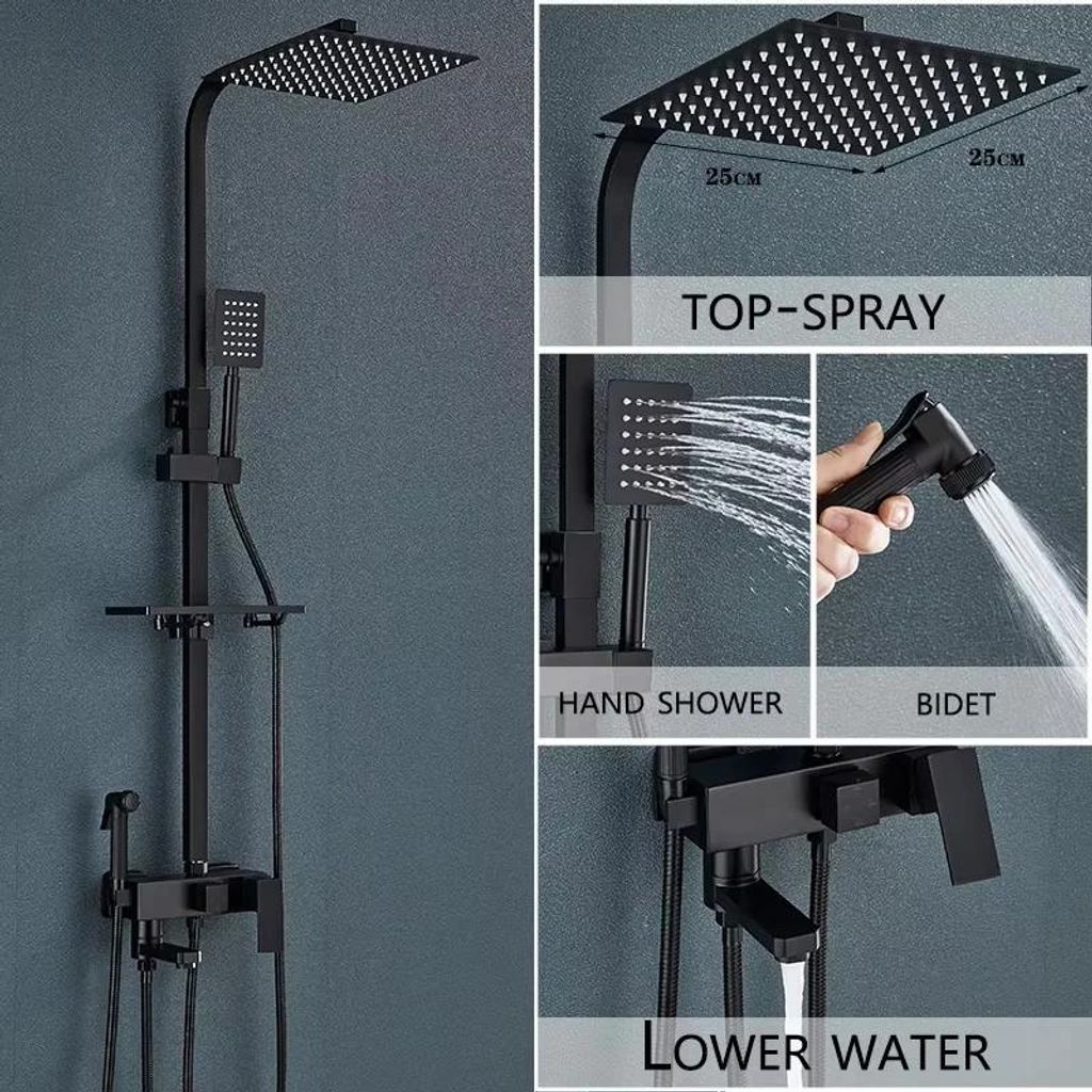 Wandmontiertes Duschsystem für Badewanne - 4‐Wege Regendusche 25 cm - Duschstange - Einhebelmischer - Keramikkartusche - Warm/Kalt - Schwarz