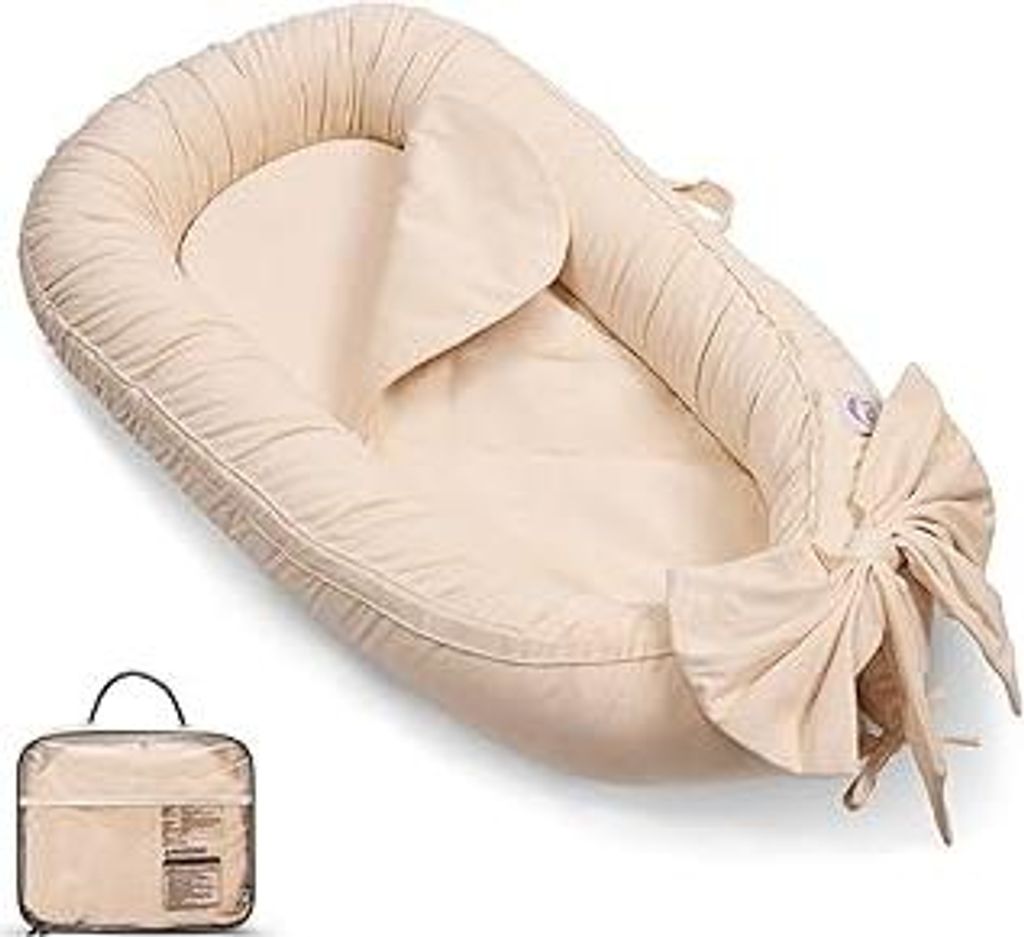 EAQ Babynest Nestchen Baby Weiches Atmungsaktives baby bett für Neugeborene Geschenk 100% Baumwolle Baby Erstausstattung Neugeborene (Schleife beige)