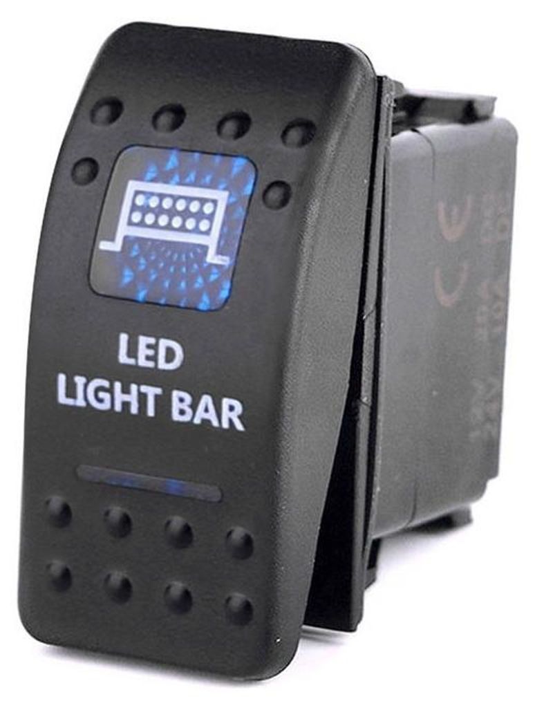 Knopf, Taste, zum Einbau, für LED-Lightbar, Halogen-Beleuchtung, 12V - 24V, Beschriftung "LED LIGHT BAR", blaues Licht