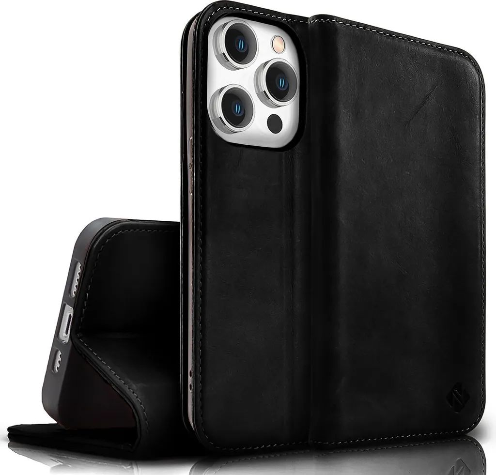 Custodia a Libro iPhone 15 Pro NALIA Pelle Vera Nera Anti-Graffio RFID