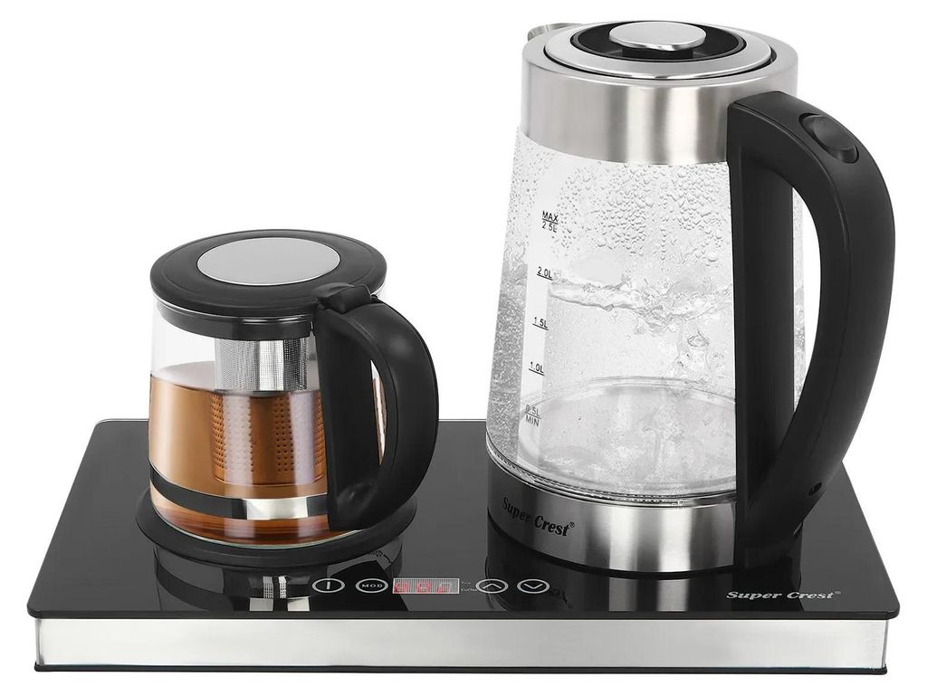 Wasserkocher-Set - Glas-Wasserkocher/Teekocher - Elektrisch - 2,5 l + 1 l - 1800 W - LCD-Display - Weiß