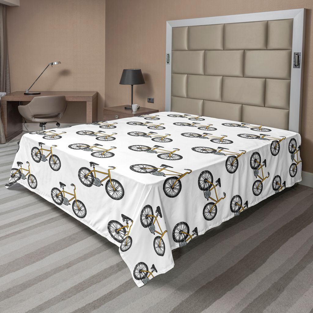 ABAKUHAUS Fahrrad Bettlaken, Hand Gezeichnetes Gekritzel Radfahrenthema Gelber Fahrrad Freizeit Straßen Kunst, weiches bequemes oberes Bettlaken f...
