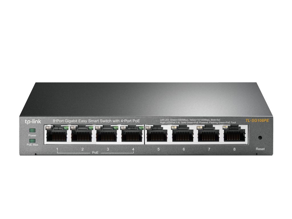 A TP-Link 8-port Gigabit managed POE+ switch is shown against a white background.