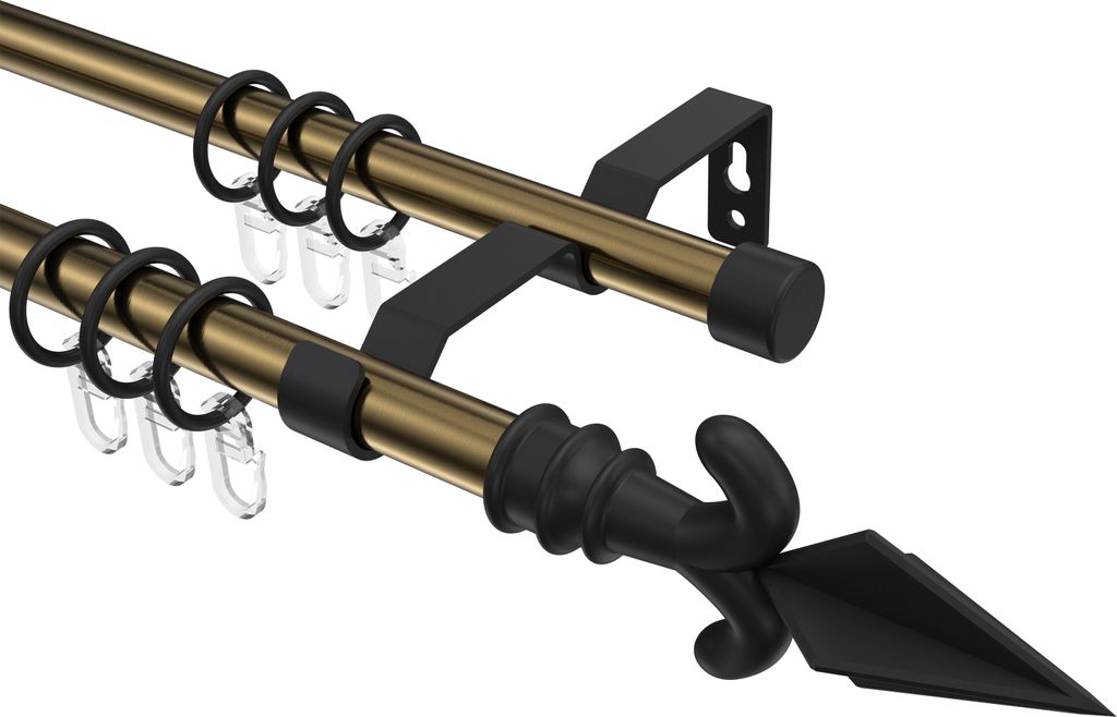 Interdeco Gardinenstange / Vorhangstange Messing Antik / Schwarz, Typ Olymp Matteo (Pfeil), 16 mm Ø 2-läufig, 100 cm