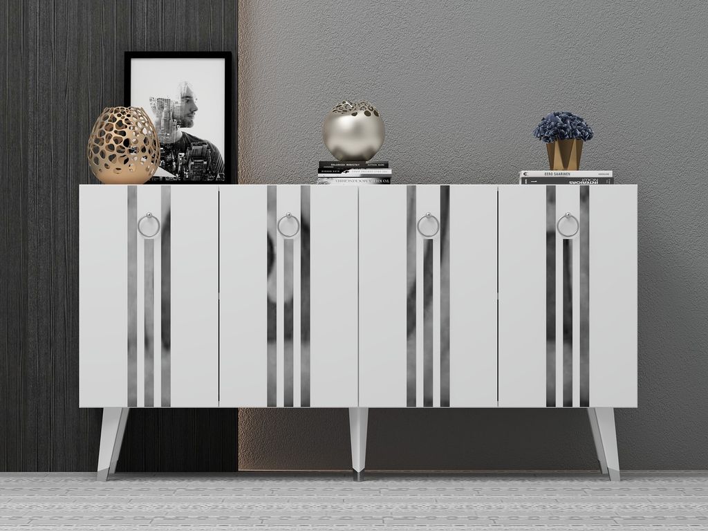 Skye Decor, Isil - White, Silver, Wohnzimmerschränke, Weiß, 150 x 80 x 40 cm