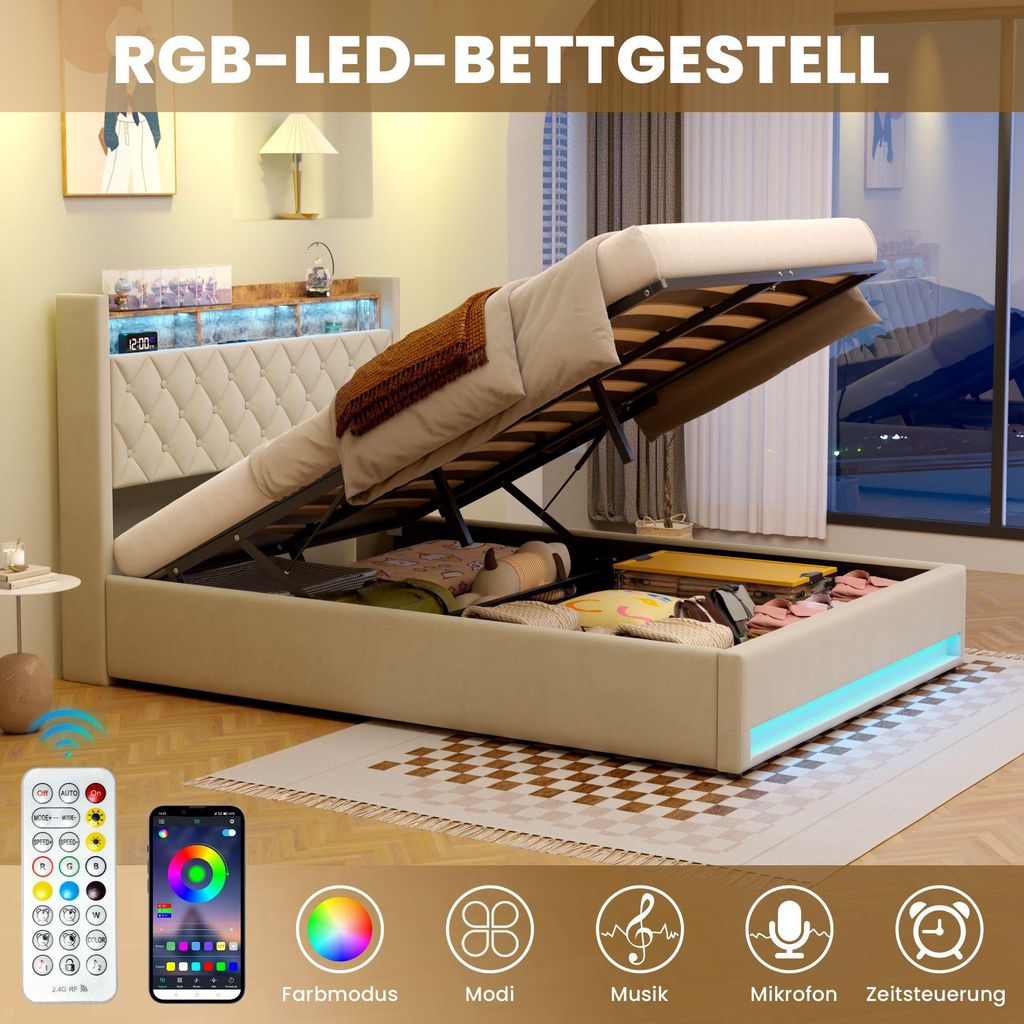 MODFU Doppelbett 160×200 Polsterbett mit LED-Beleuchtung, USB & Steckdosen,Stauraumbett Jugendbett mit Kopfteil & Regal ,Bettgestell für Schlafzi...