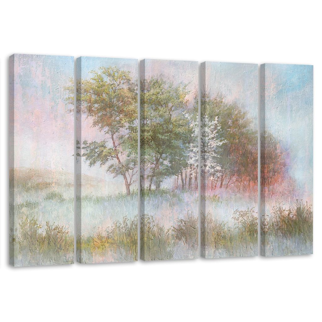 5-teiliges leinwandbild bäume auf einer nebligen wiese 100x70 cm Feeby grün wandbild bereit zum aufhängen