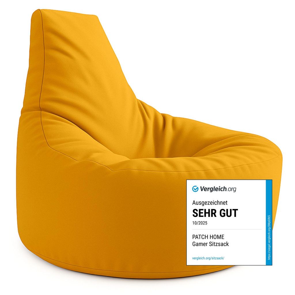 A yellow beanbag chair is shown against a white background, with a small overlay indicating a product review.