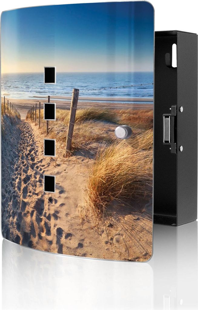 banjado Design Schlüsselkasten aus Edelstahl für 10 Schlüssel, Schlüsselschrank 24 x 21,5 x 7cm groß mit Magnetverschluss, Nordseestrand [BWSK...
