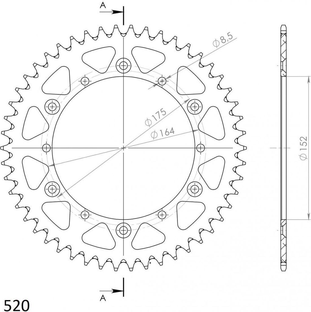 Alu-Kettenrad Supersprox 520 - 43Z (schwarz) RAL-853:43-BLK|ID 152,0 LK 175,0 6-Loch