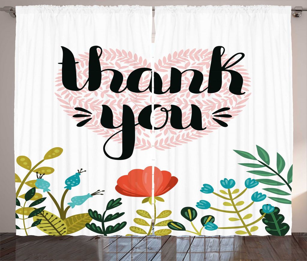 ABAKUHAUS Danke dir Rustikaler Gardine, Herz-Blumen und Blätter, Schlafzimmer Kräuselband Vorhang mit Schlaufen und Haken, 280 x 225 cm, Mehrfarbig