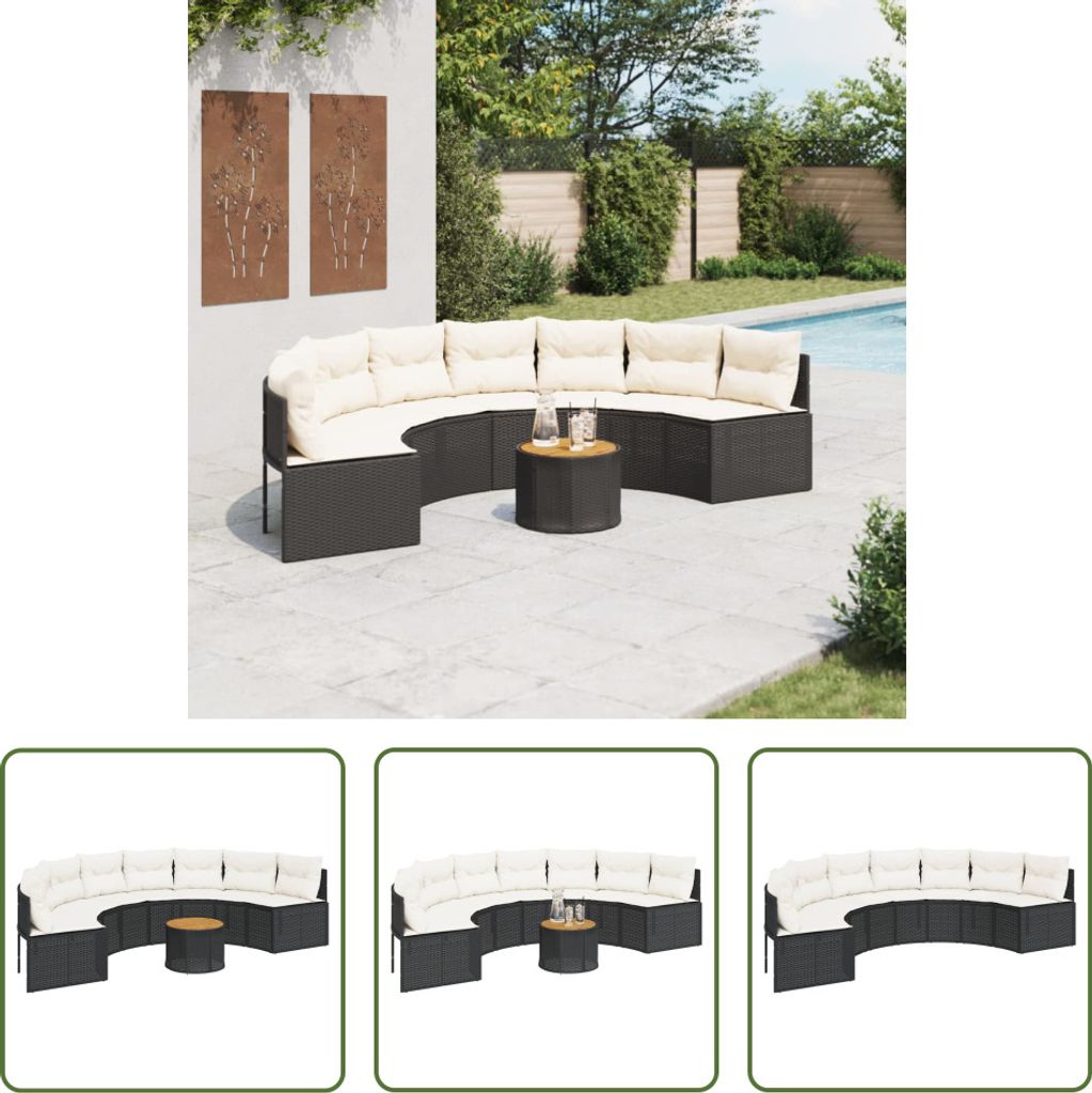 The Living Store Gartensofa mit Tisch und Kissen Halbrund Schwarz Poly-Rattan