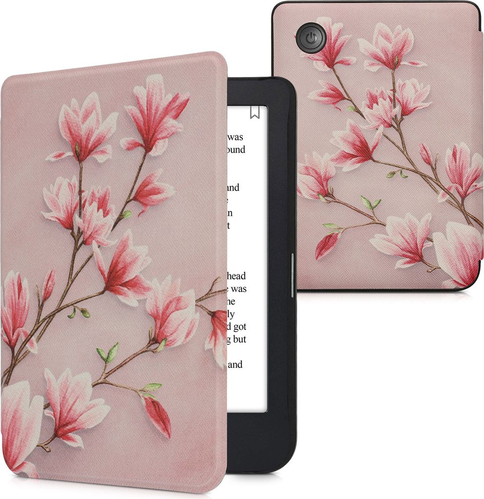kwmobile Schutzhülle für Kobo Clara 2E / Tolino Shine 4 Hülle - eReader Flip Case mit Auto Sleep Funktion - Magnolien mit Rosa Weiß Altrosa
