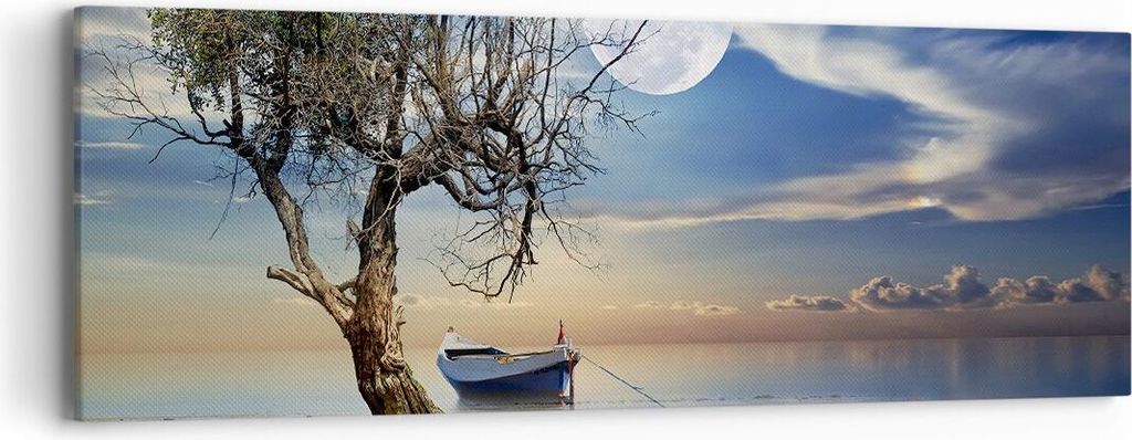 Bild auf Leinwand - Leinwandbild - Nacht Mond Boot - 90x30cm - Wand Bild - Wanddeko - Wandbilder - Leinwanddruck - Bilder - Kunstdruck - Wanddekora...