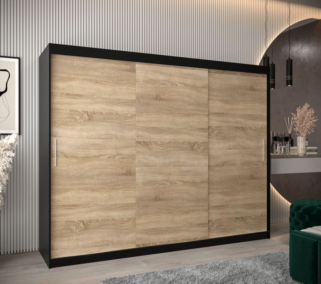 Schwebetürenschrank mit einer Breite von 250 cm TIMEA – Schwarz / Eiche Sonoma