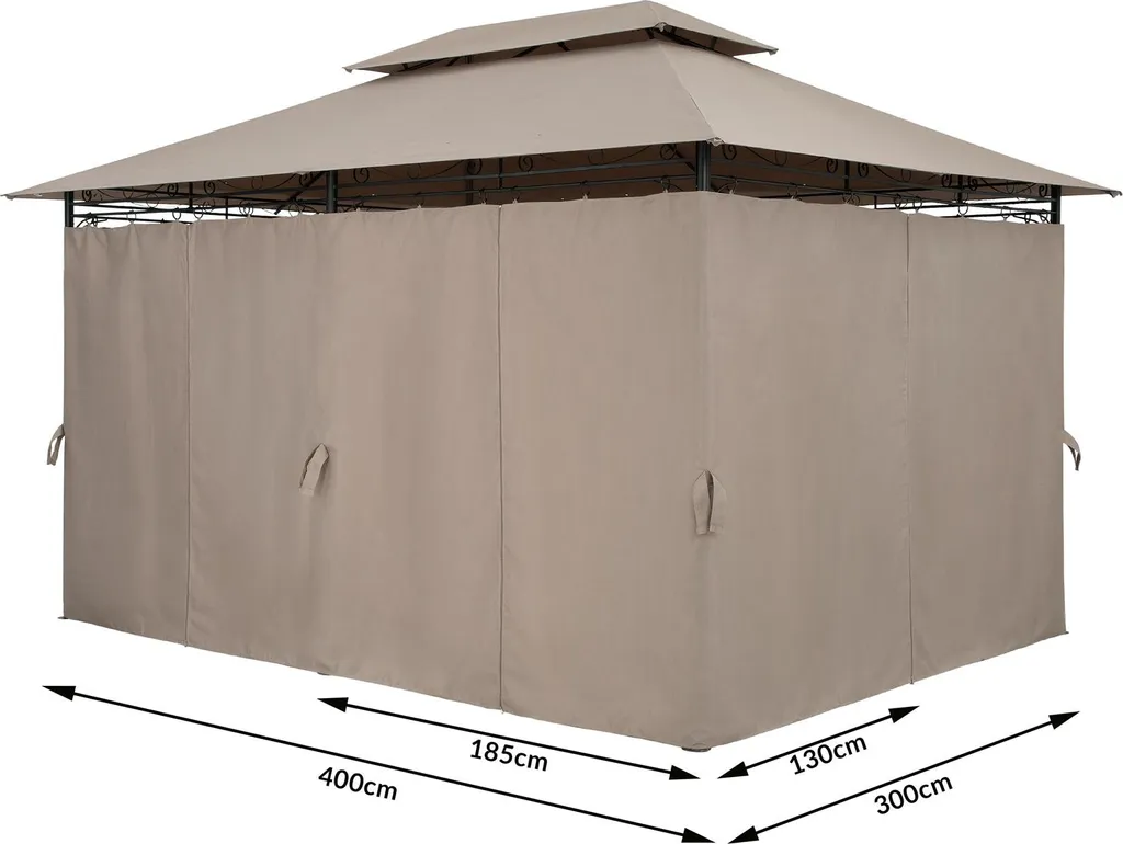 Tonnelle de jardin 3x4m pergola métal robuste avec rideaux coloris taupe