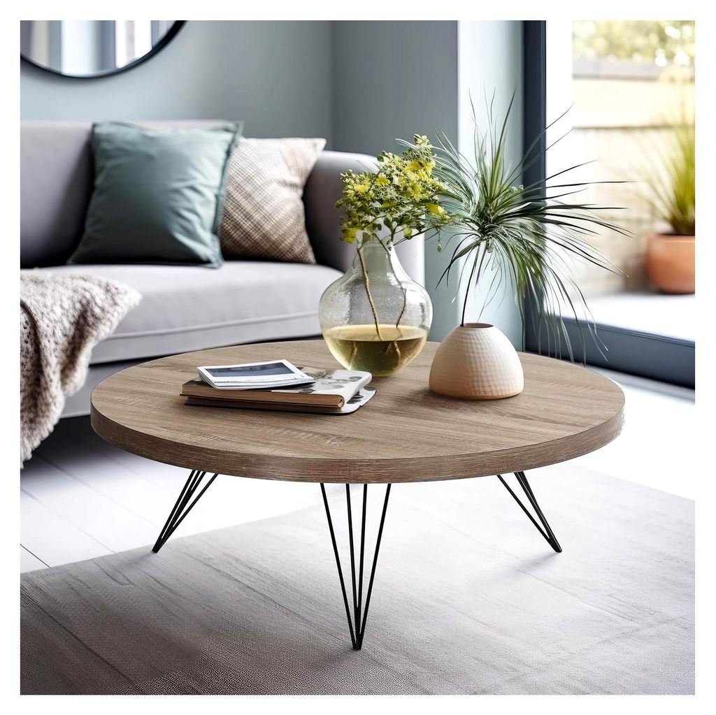 Runder Couchtisch 90 cm aus Holz | Tisch in Eichenoptik mit schwarzen Metallbeinen | Wohnzimmertisch, Sofatisch, Beistelltisch modern | Vielseitig,...