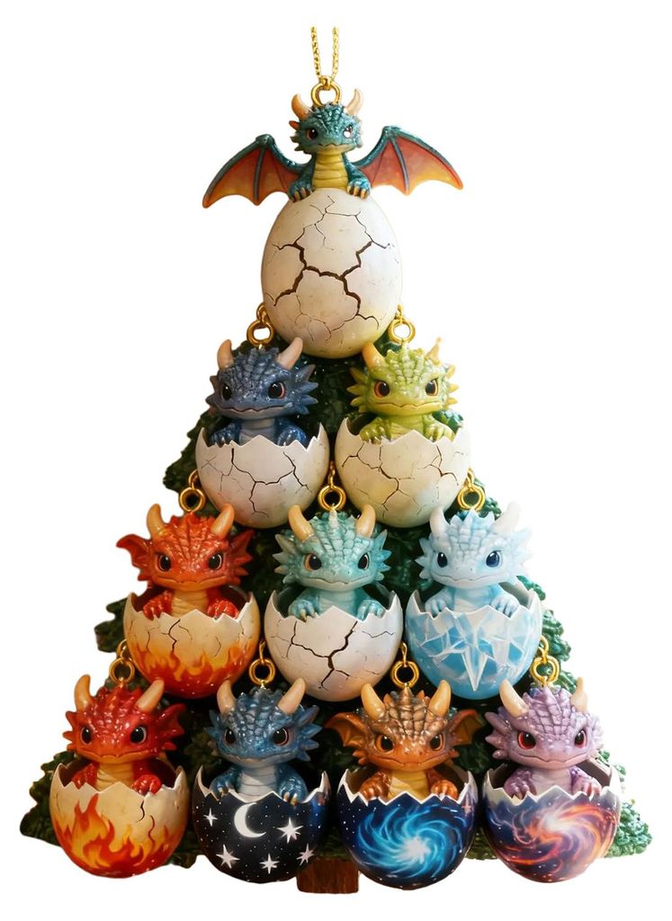 2D Acryl-Drachen-Hängedekoration, flache Cartoon-Drachenei-Weihnachtsbaum-Hängedekoration, Anhänger für Zuhause, Feiertage und Partys