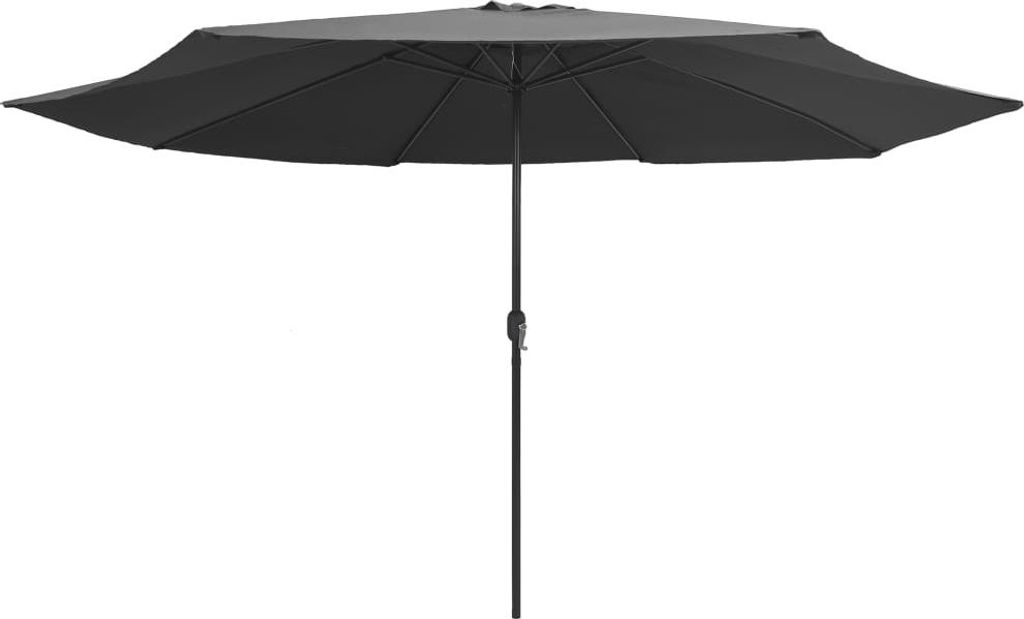 A black patio umbrella is shown against a white background.