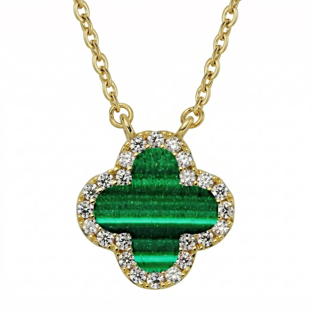 Collier Trèfle Argent 925 Doré - Pendentif Malachite et Zirconium Luxe