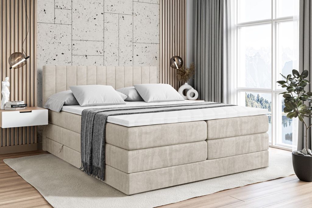 ALTDECOR Boxspringbett mit 2 Matratzen und Topper - 160x200 cm - EDITA KING - Creme Samt - Polsterbett mit, H3- und H4- Matratzen, Bettkasten und L...