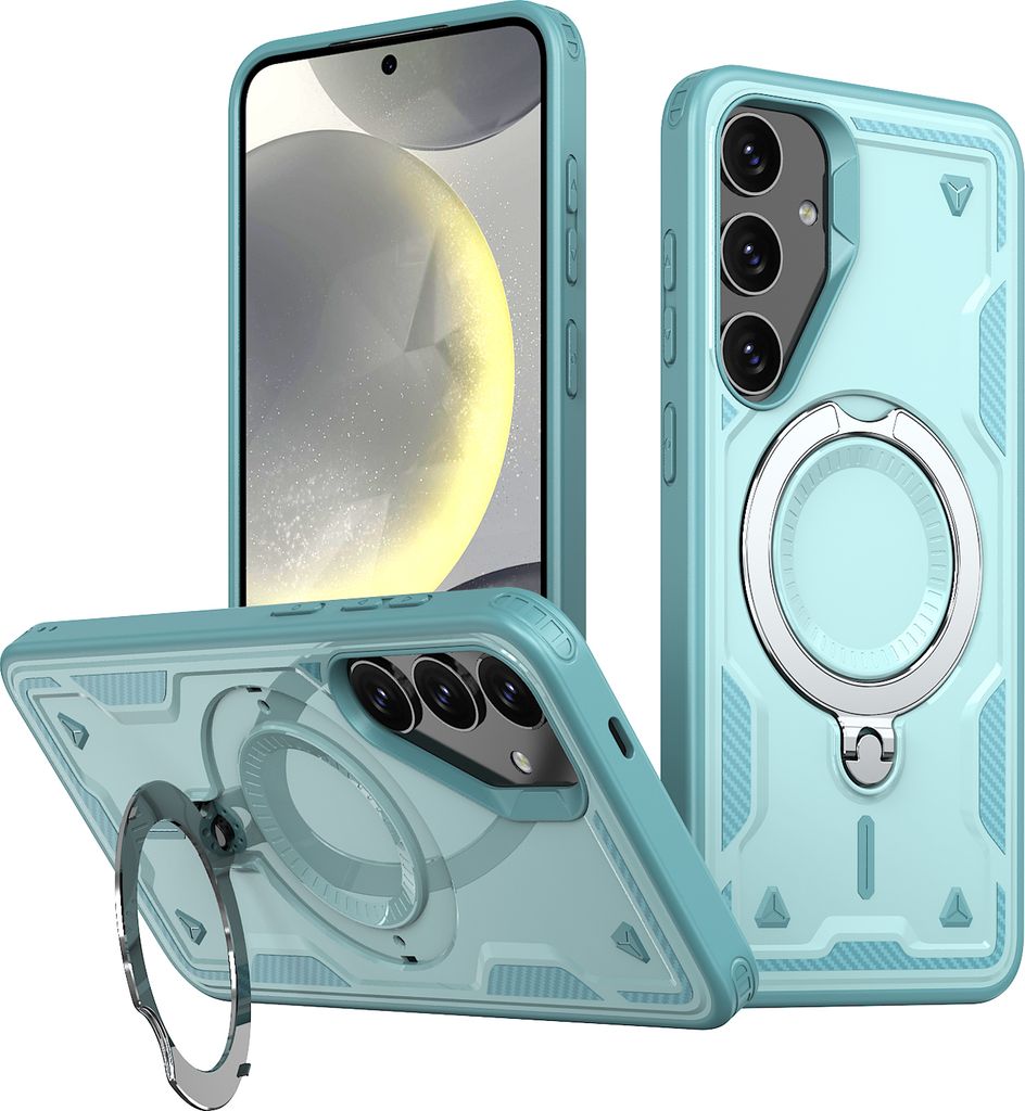 Dual Layer Hülle für Samsung Galaxy S25 FE Metall Ring Ständer Magnetisch Stoßfest Militär Handyhülle Türkis