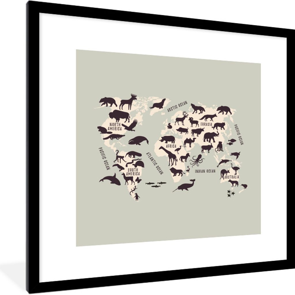MuchoWow MuchoWow Gerahmtes Poster Weltkarte Kinder - Tiere - Beige 40x40 cm - Poster mit zchwarzem Bilderrahmen - Poster - Plakat im Rahmen